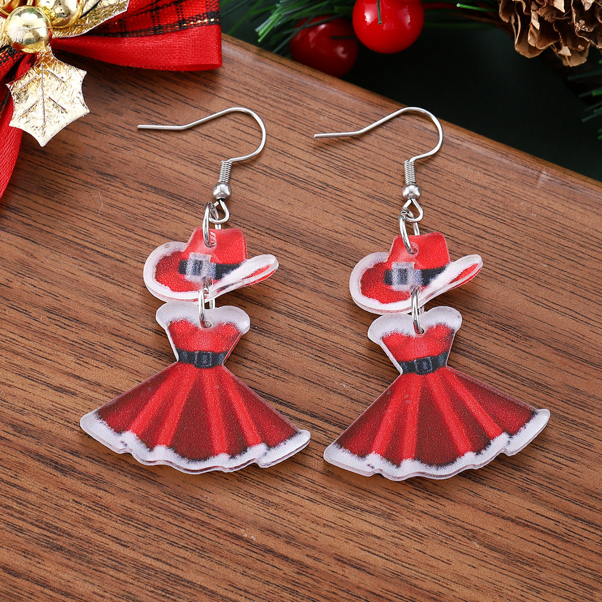 Wholesale Christmas hat Christmas dance skirt splicing pendant earrings acrylic