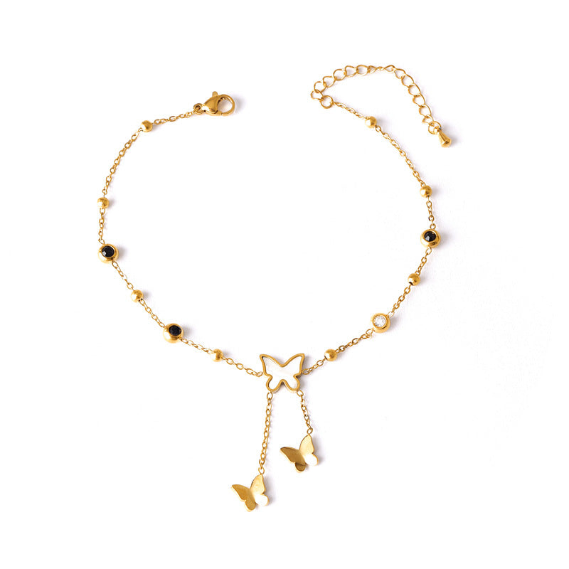 Wholesale Titanium Steel Plated 18K Gold Tassel Butterfly Anklet
