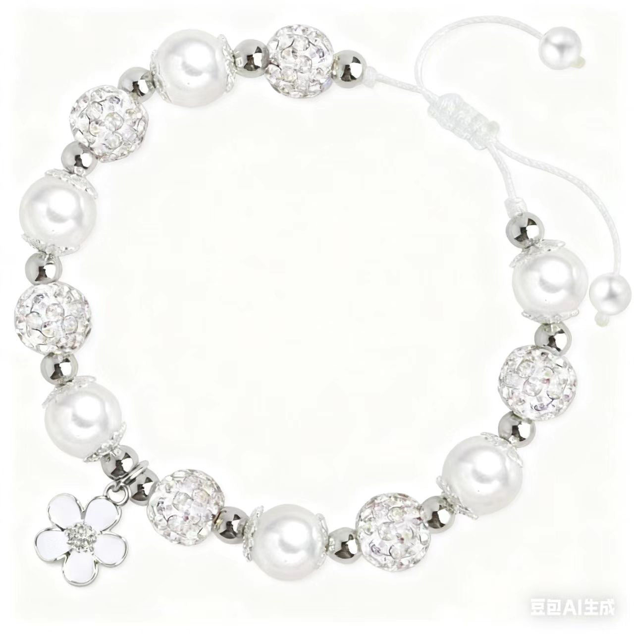 Wholesale Handmade bracelet with man-made pearls and woven white flowers