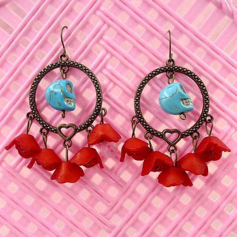 Wholesale  Hollow Metal Circle Peach Heart Blue Turquoise Skull Red Rose Flower Earrings