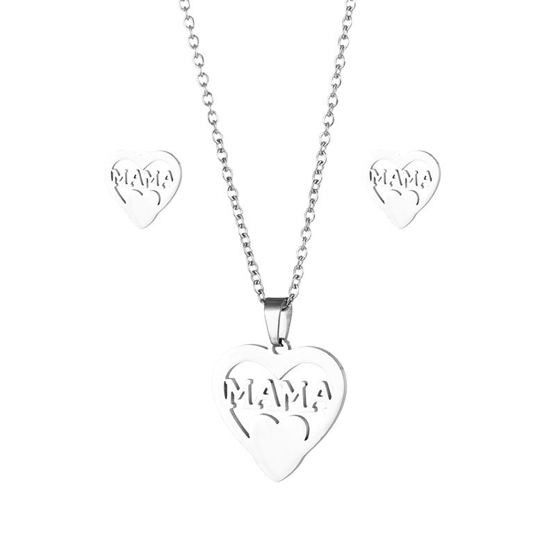 Wholesale MAMA Stainless Steel Earrings Necklace Set Mother's Day ACC-ES-MinM027