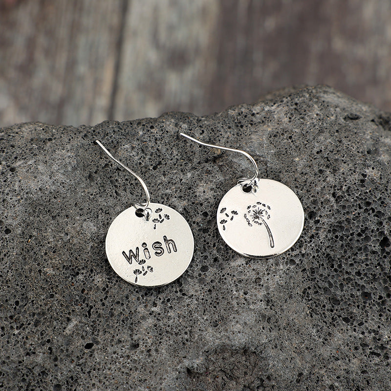 Wholesale  Retro Simple Style Disc Engraved Letter Dandelion Alloy Earrings
