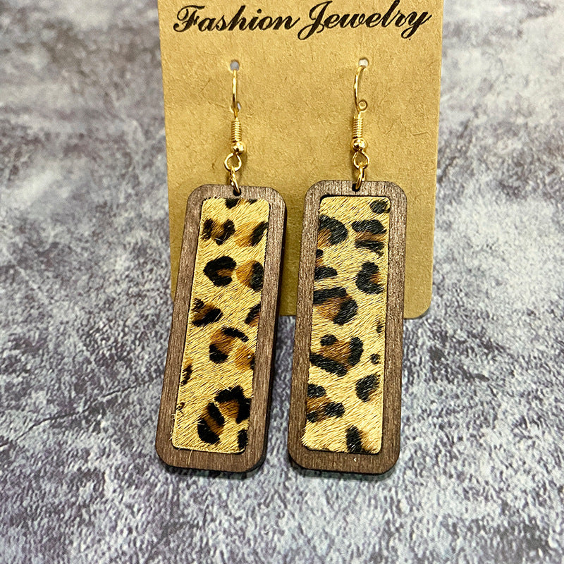 Wholesale leopard print simple bar genuine leather earrings