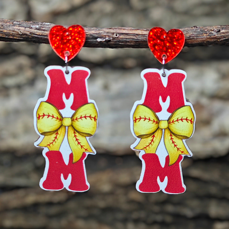 Wholesale Mother's Day Earrings MOM Letters Sports Style Baseball Shiny Earrings