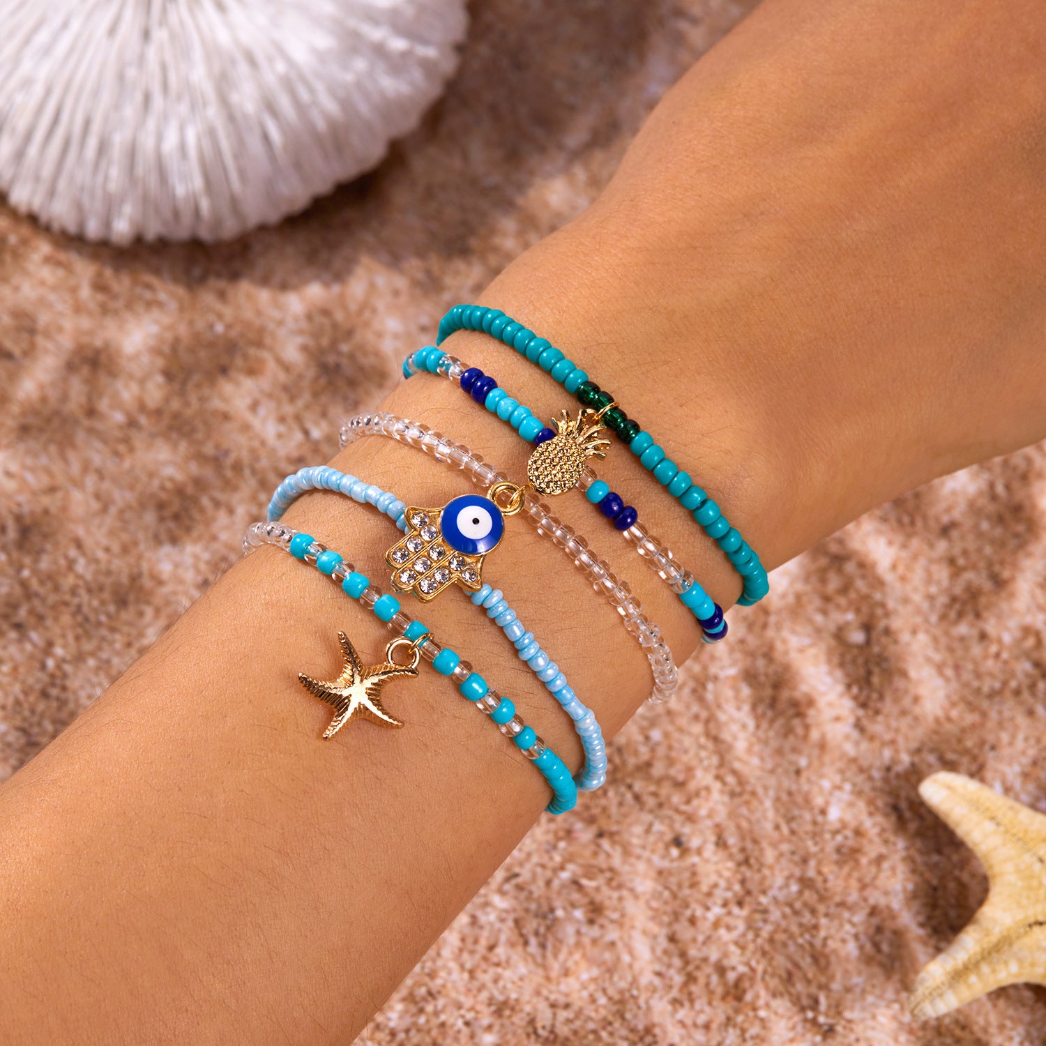 Wholesale Bohemian  Starfish Blue Bead Bracelet suit