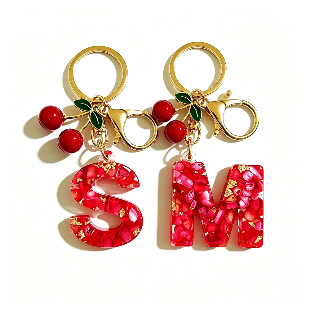 Wholesale Stylish Letter Keychain With Cute Cherry Pendant Plastic Bag Charm And Car Key Accessory Gift