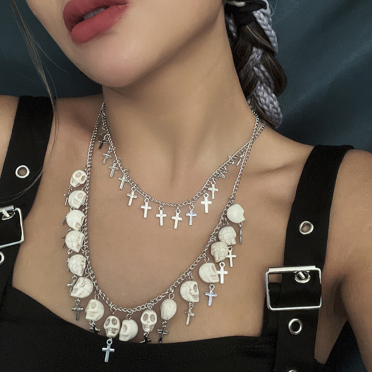 Wholesale Alloy  Punk Skull Cross Tassel Multi-Layer Necklace Fashion Accessory Gift