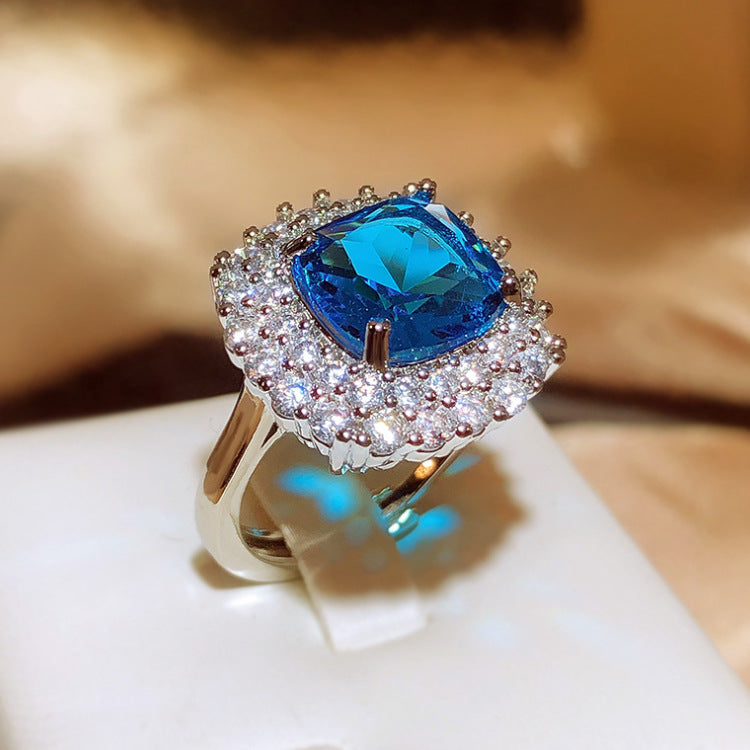 Wholesale  full diamond sapphire light luxury sea blue zircon female ring