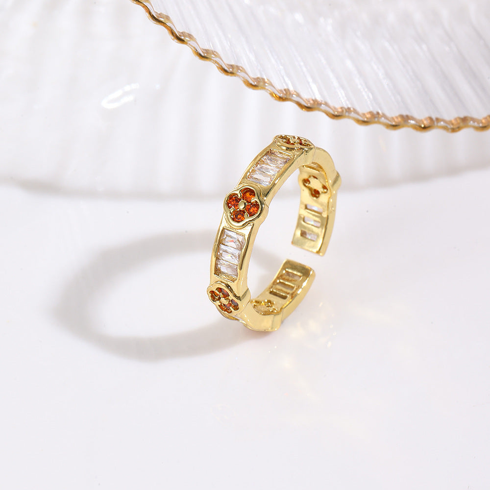 Wholesale Colorful zirconium four-leaf clover flower petal ring