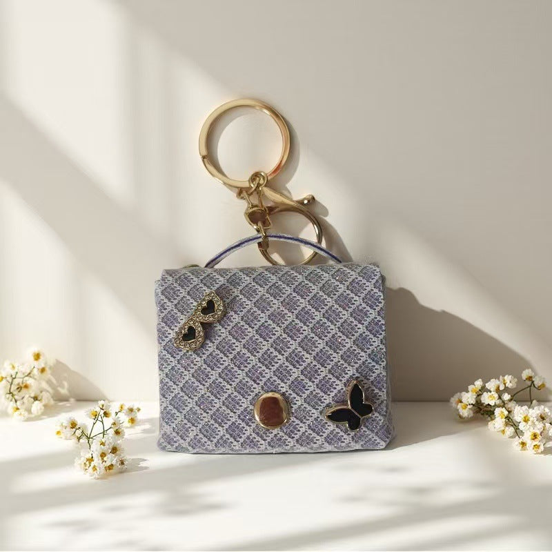 Wholesale Chic Pink Plaid Leather Keychain Bag Coin Purse With Keyring