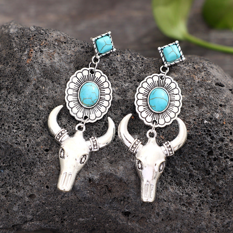 Wholesale Bohemian Cow Head Earrings Retro Denim Turquoise Design Fashion Accessory Gift Boutique Resale
