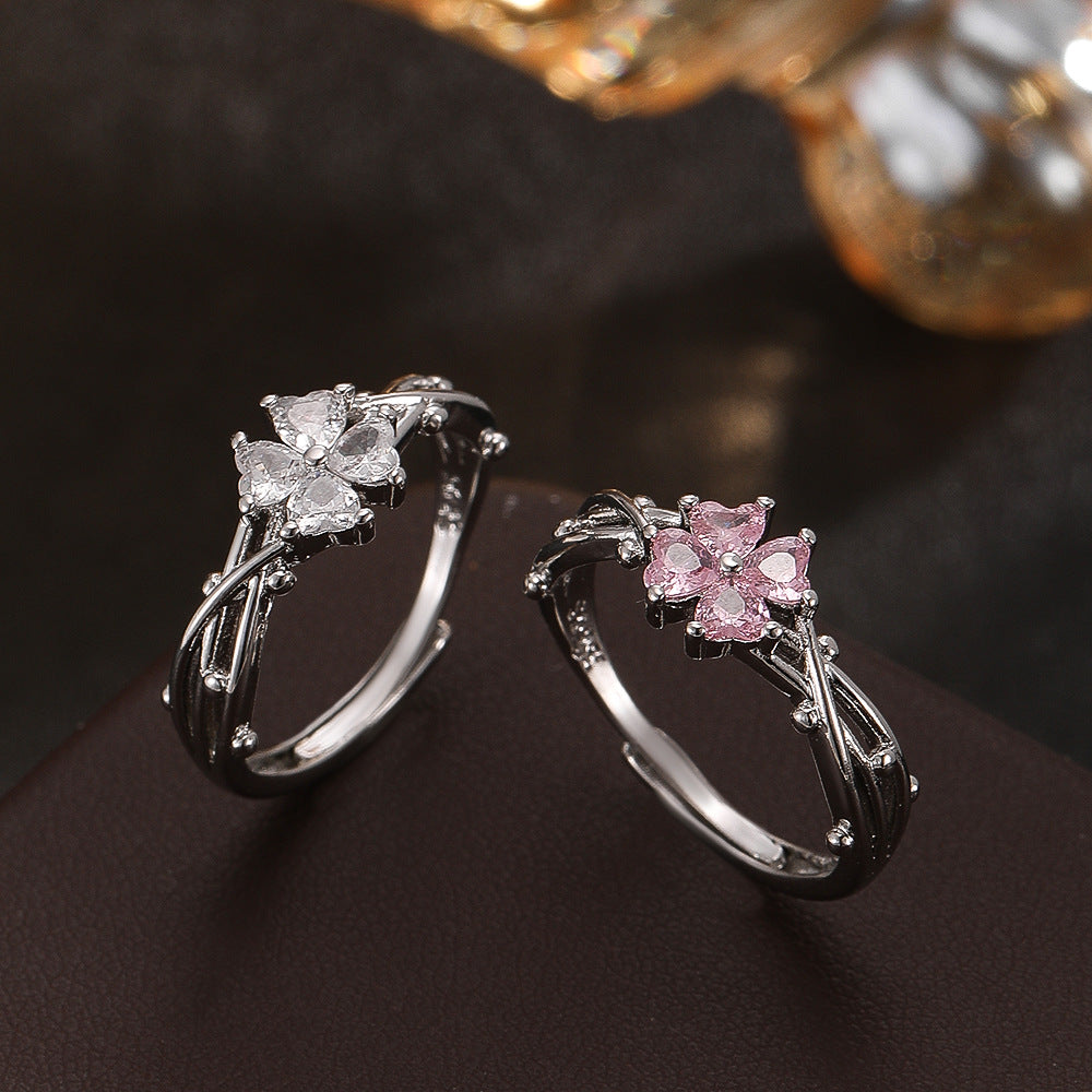 Wholesale Electroplated Copper Zircon Four Leaf Clover Ring Stylish Jewelry Accessory For Women Gift
