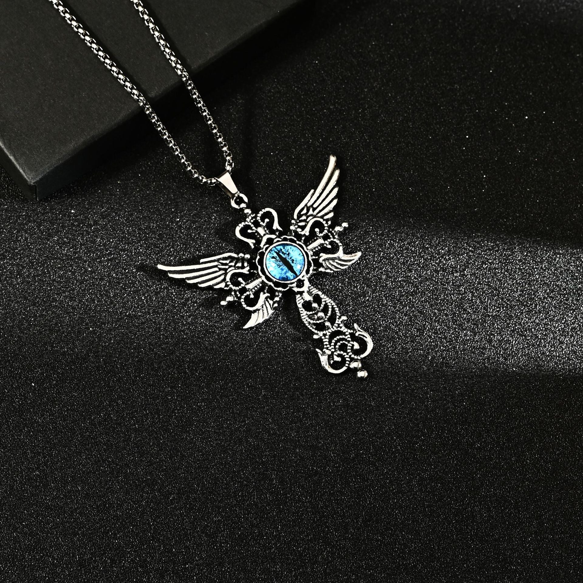 Wholesale Hip Hop Blue Demon Eye Wings Cross Pendant Necklace For Fashion Jewelry Accessory