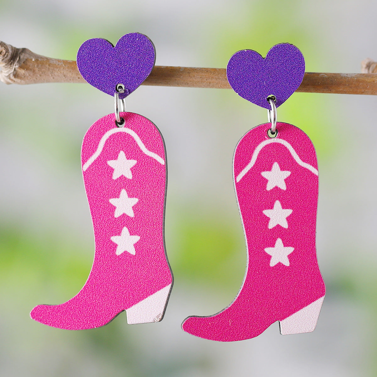 Wholesale Western Style Pink Love Tassel  Flower Leaf Cowboy Boots Pendant Wooden Double-Sided Earrings