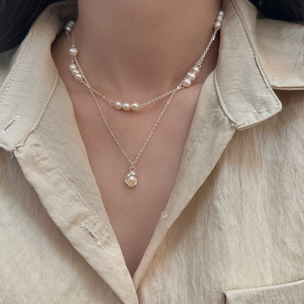 Wholesale Freshwater Pearl Necklace  All-Match Simple Double Layer Stacked Necklace