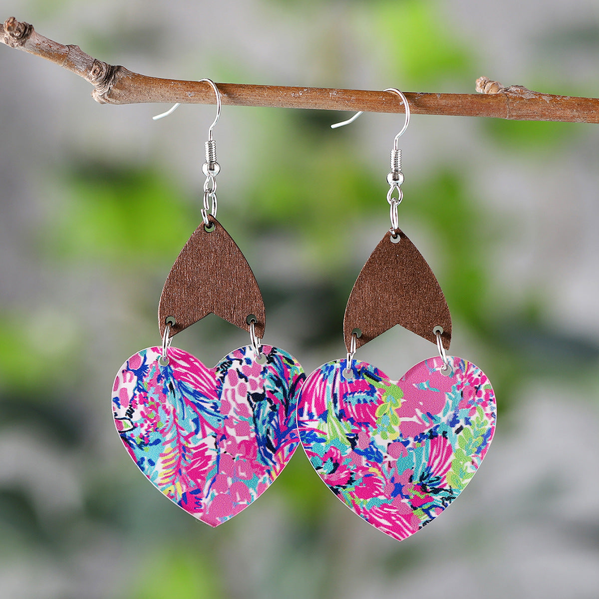 Wholesale Colorful Heart Flower Leaves Bohemian Wood Chip Splicing Acrylic Earrings