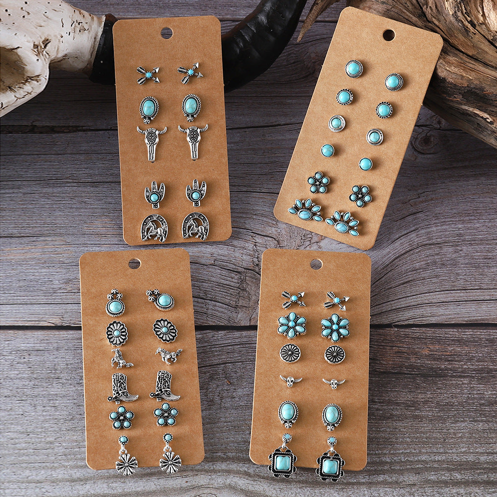 Wholesale Cute turquoise earrings set round bead flower cat claw earrings