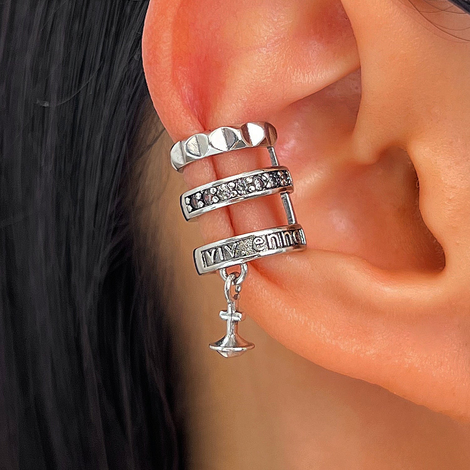 Wholesale Vintage Distressed Multi Layer Ear Clip Cross Pendant Punk Rhinestone Letter Ear Cuff For Women Fashion Jewelry Accessory Gift