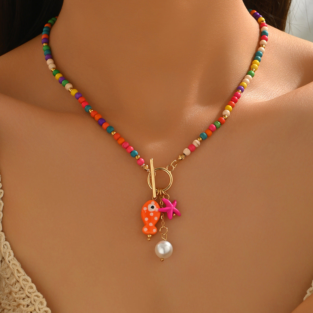 Wholesale Bohemian Blue Fish And Starfish Faux Pearl Beaded Necklace Trendy Party Jewelry Accessory Gift