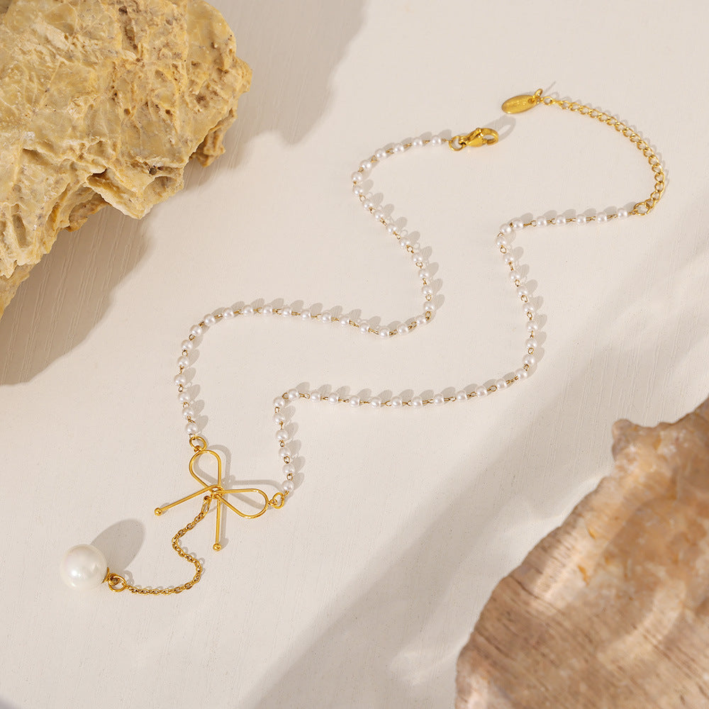 Wholesale  Bow  Pearl Necklace Light Luxury Stainless Steel Clavicle Chain