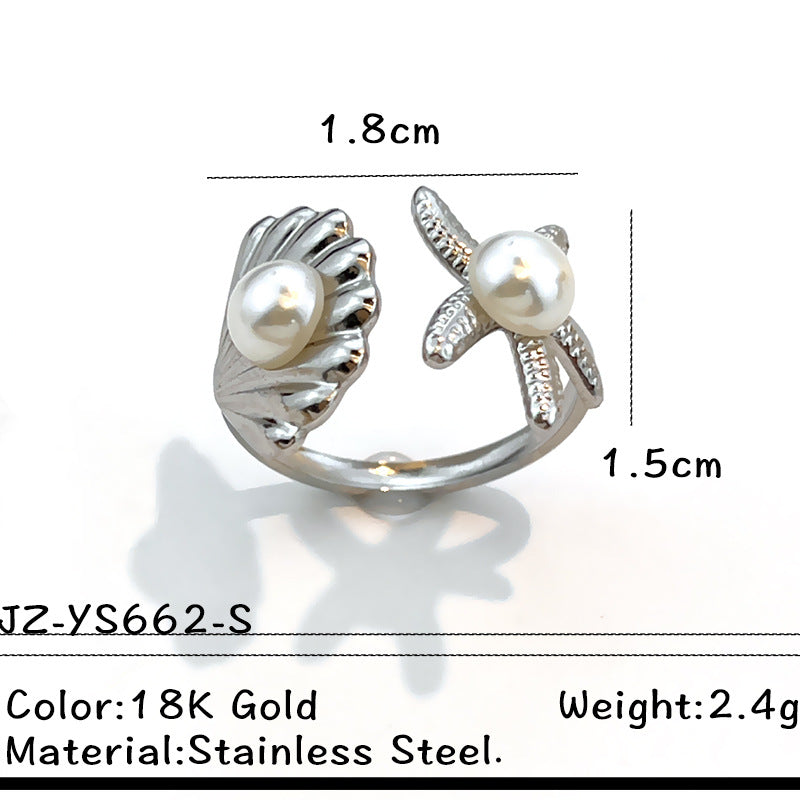 Wholesale Stainless steel starfish shell ring with pearl setting and open design