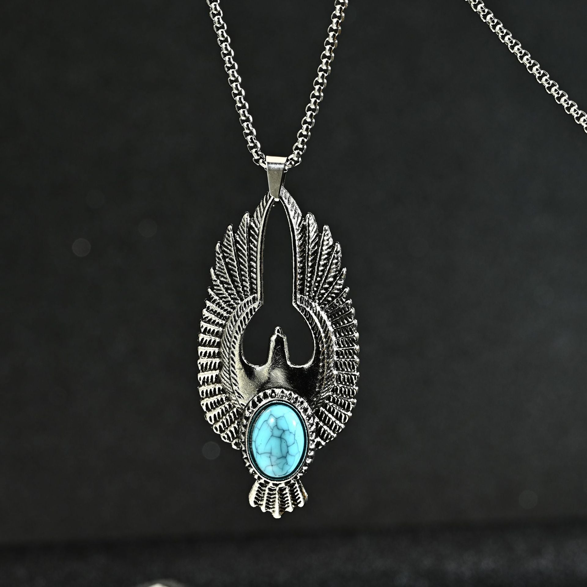 Wholesale Stylish Punk Vintage Turquoise Eagle Pendant Necklace Polished Zinc Alloy Unisex Layering Jewelry Gift