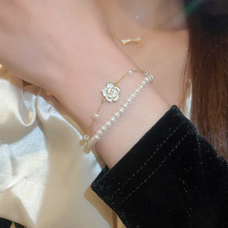 Wholesale drop oil camellia double row pearl bracelet