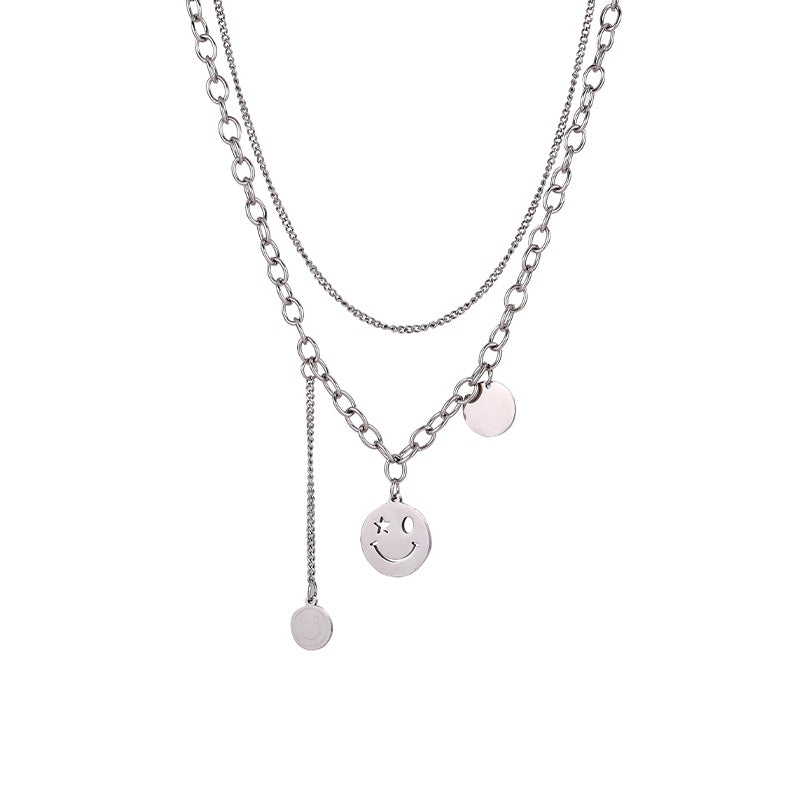 Wholesale Titanium Steel Non-fading Double Layer Smiley Face Necklace Clavicle Chain ACC-NE-Meihun004