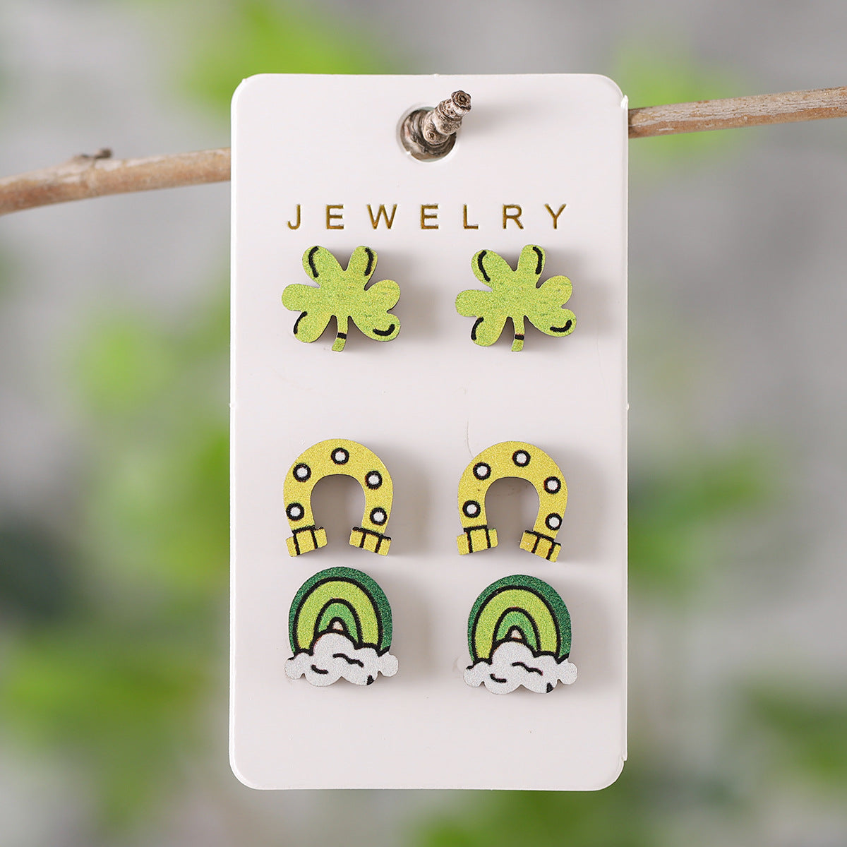 Wholesale St. Patrick's Day green clover horseshoe rainbow hat earrings set