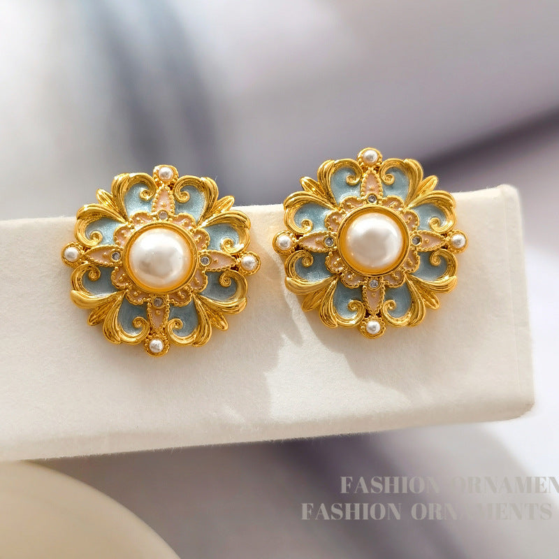 Wholesale Silver needle French retro flower pearl blue earrings