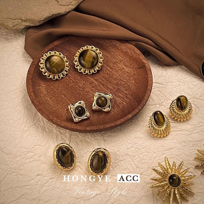 Wholesale Tiger Eye Earrings Retro Luxury  Jewelry