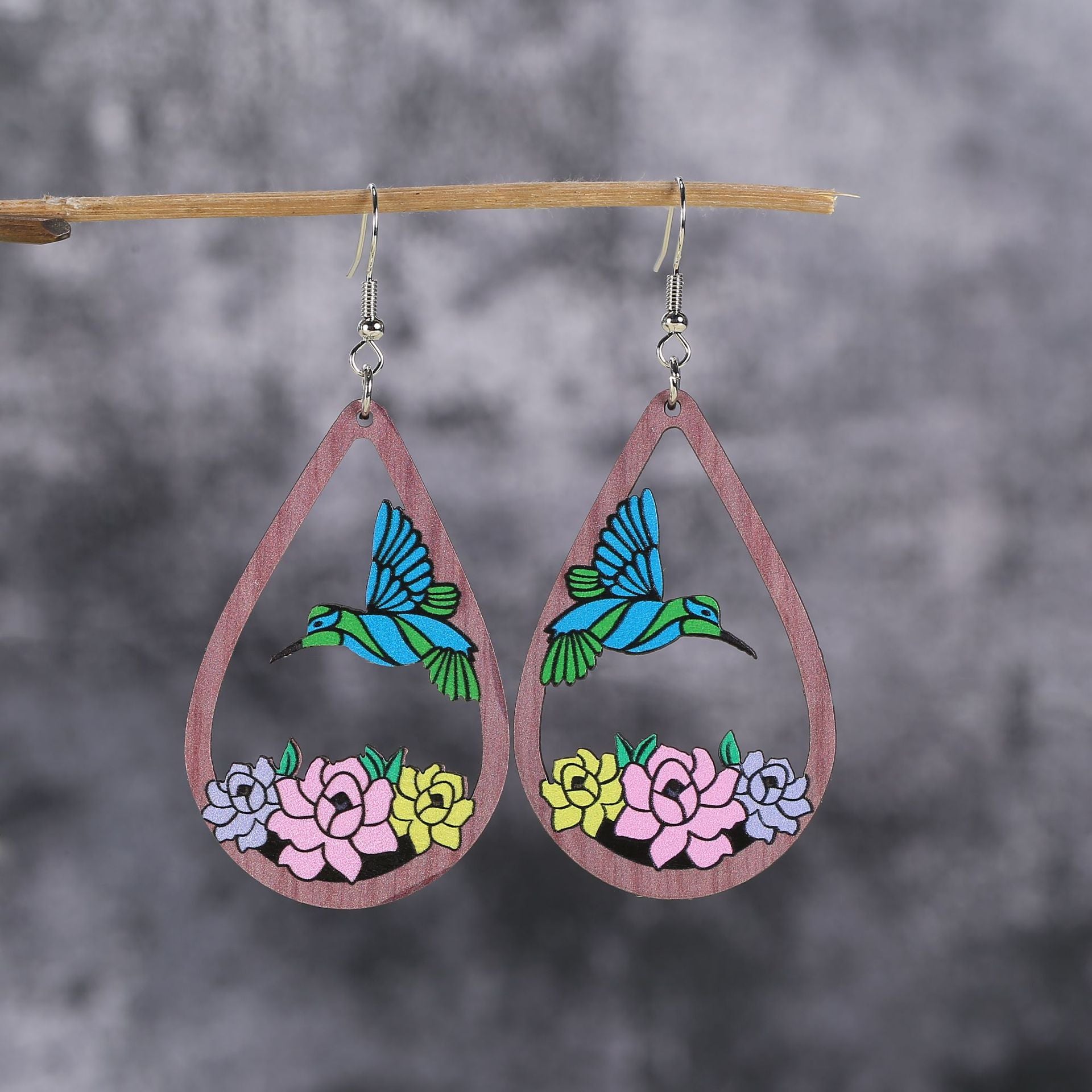 Wholesale hollow water drop bird flower earrings