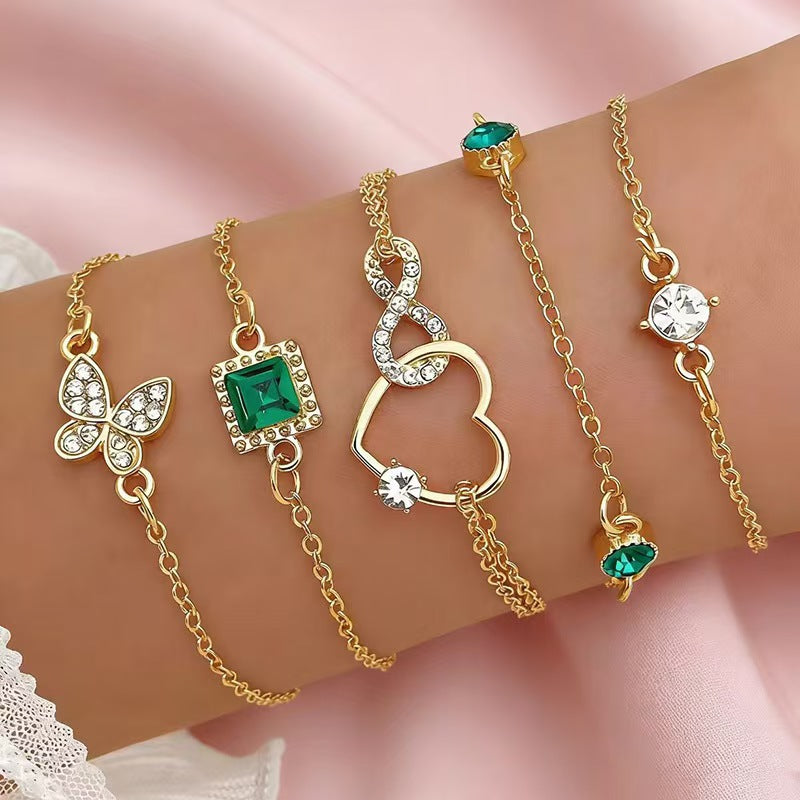 Wholesale Alloy Multi-Layer Stackable Bracelet Set,  Vintage Emerald Zircon Design with Gold Edging,  Fashion Accessory for Everyday Wear