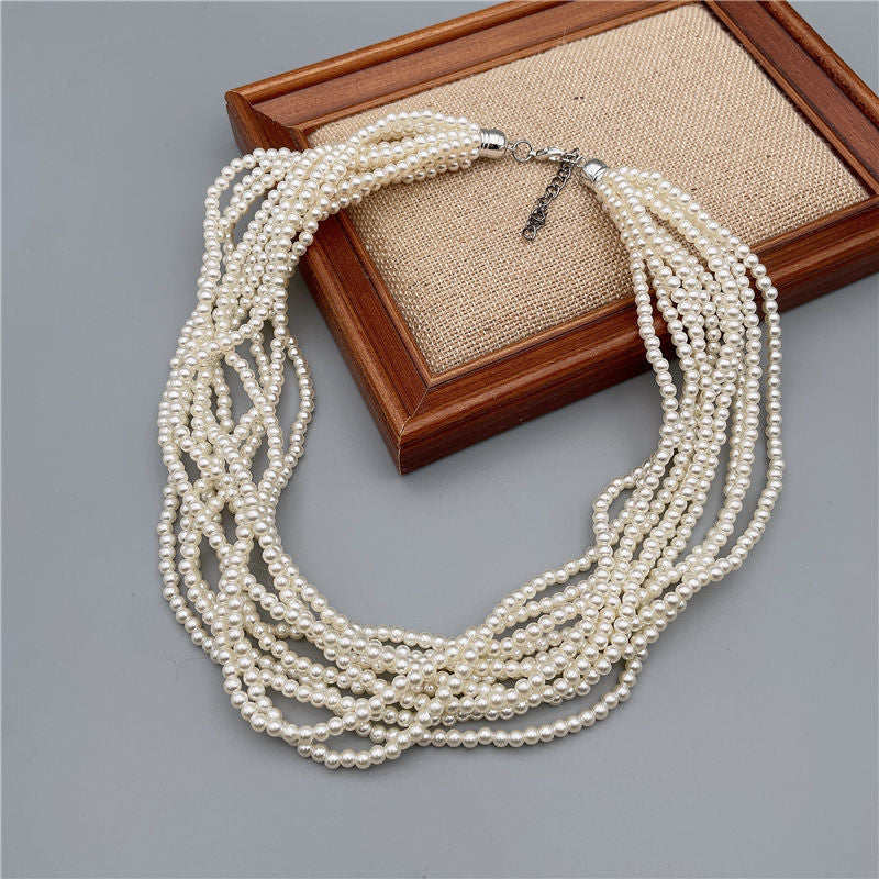 Wholesale retro multi-layer silver gray glass pearl necklace