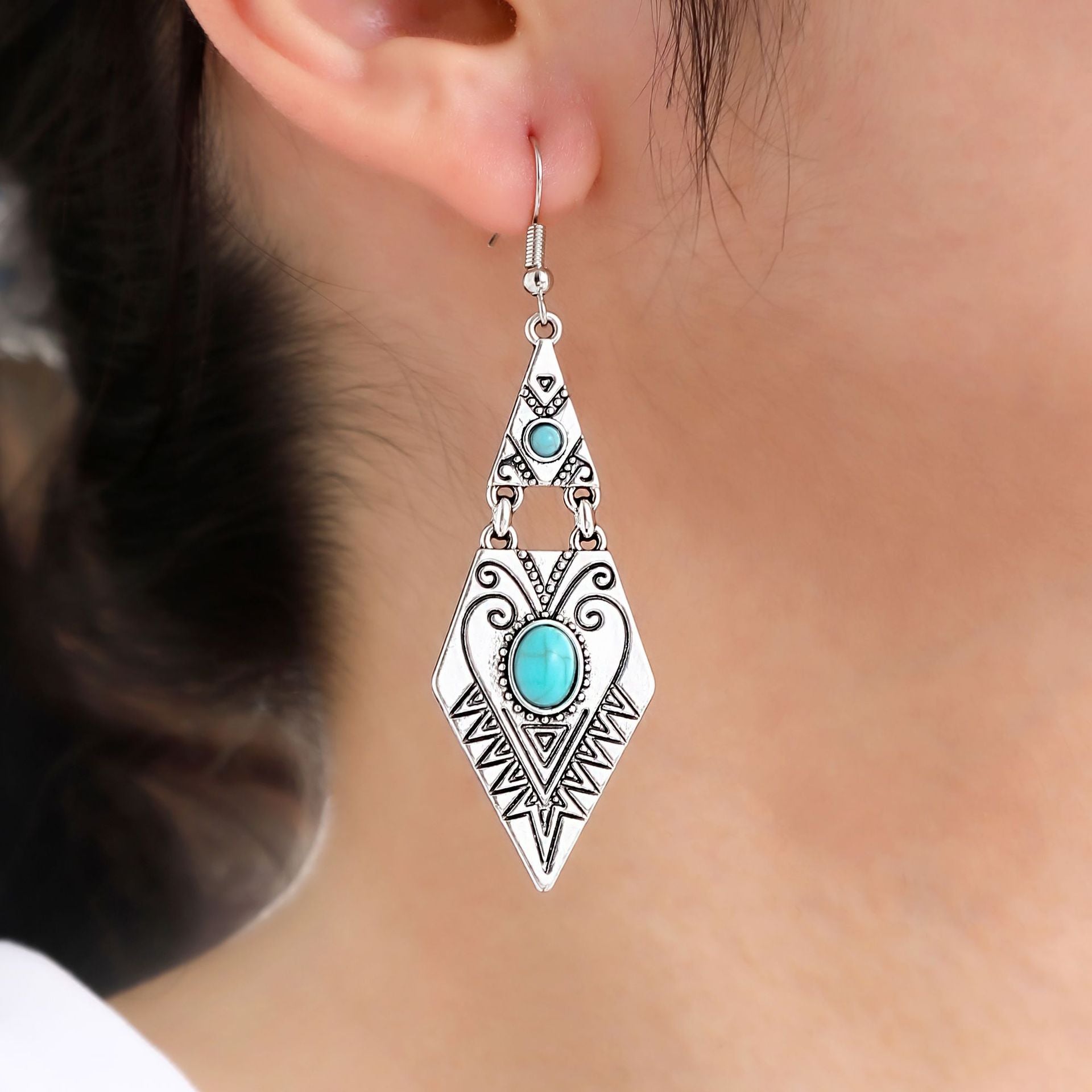 Wholesale Bohemian Turquoise Geometric Metal Texture Earrings Fashion Accessory for Party Boutique Resale