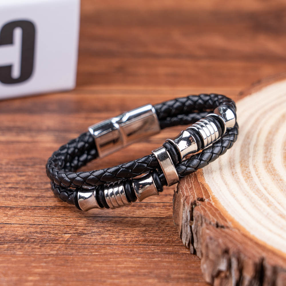 Wholesale Black Leather Rope Men's Double-layer Braided Leather Bracelet