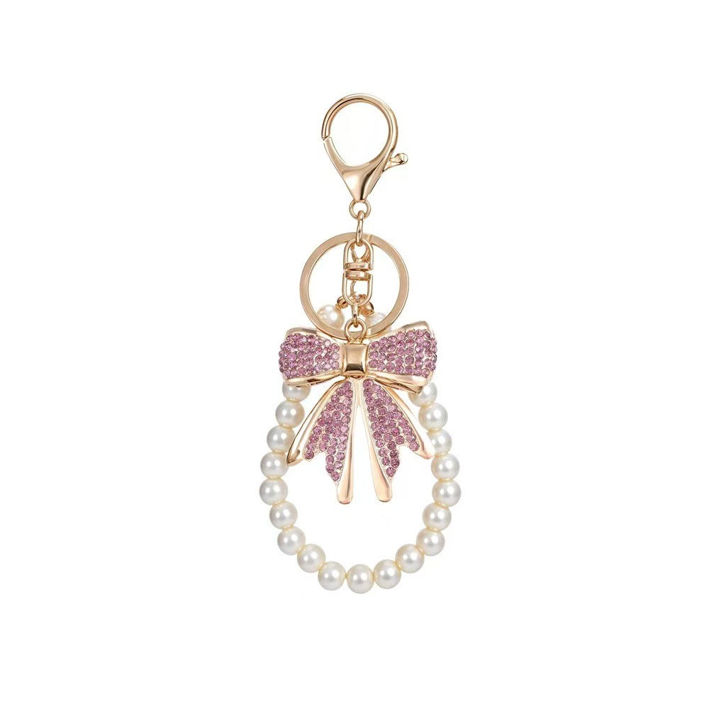 Wholesale Black Zinc Alloy Handmade Cute Korean Style Bow Rhinestone Pearl Bead Car Keychain Phone Chain Bag Charm Gift