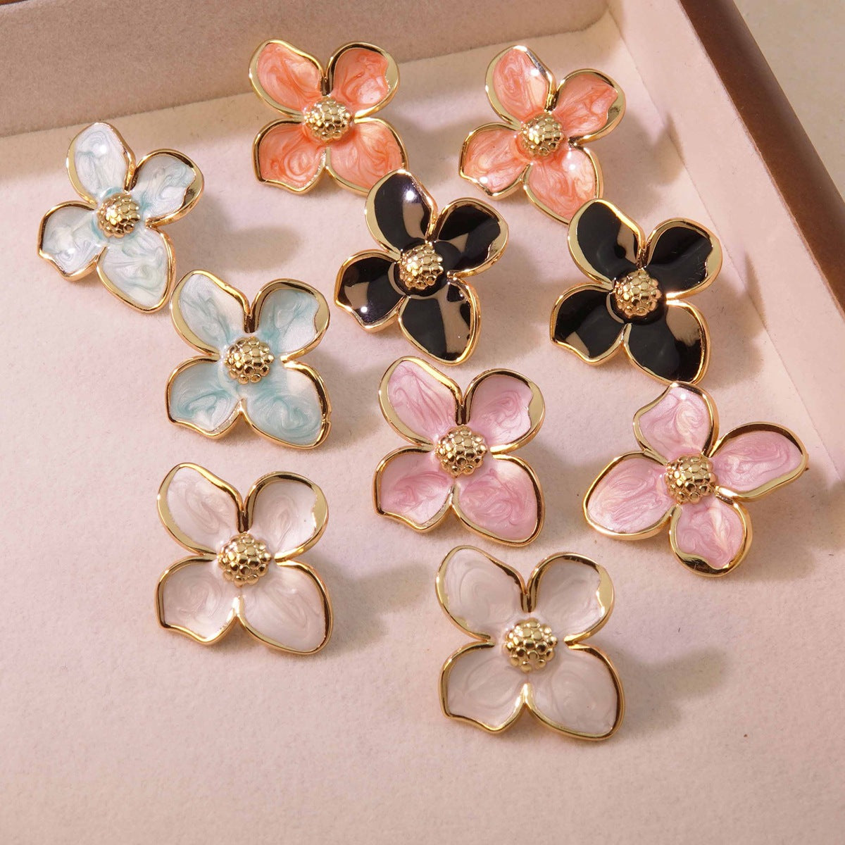 Wholesale  Retro Palace Flower Glaze Four-petal Flower Stainless Steel Earrings