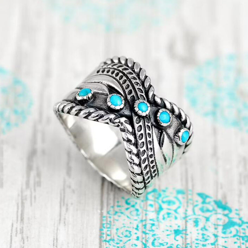 Wholesale Vintage Bohemian Turquoise Ring Ancient Silver Tone Fashion Accessory For Gift And Resale