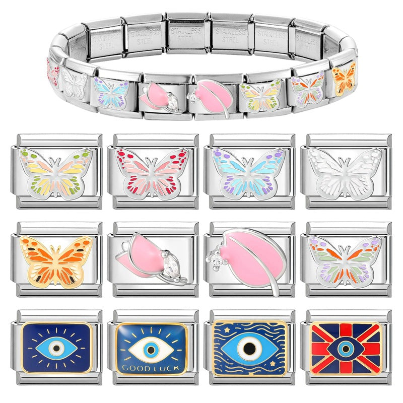Wholesale 9mm Italian Charm Starter Bracelets DIY Butterfly Evil Eye Stainless Steel Composable Bracelet