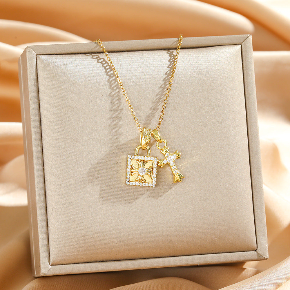 Wholesale Full Diamond Cross Necklace Titanium Steel Gold Plated Boutique Jewelry Accessory Gift