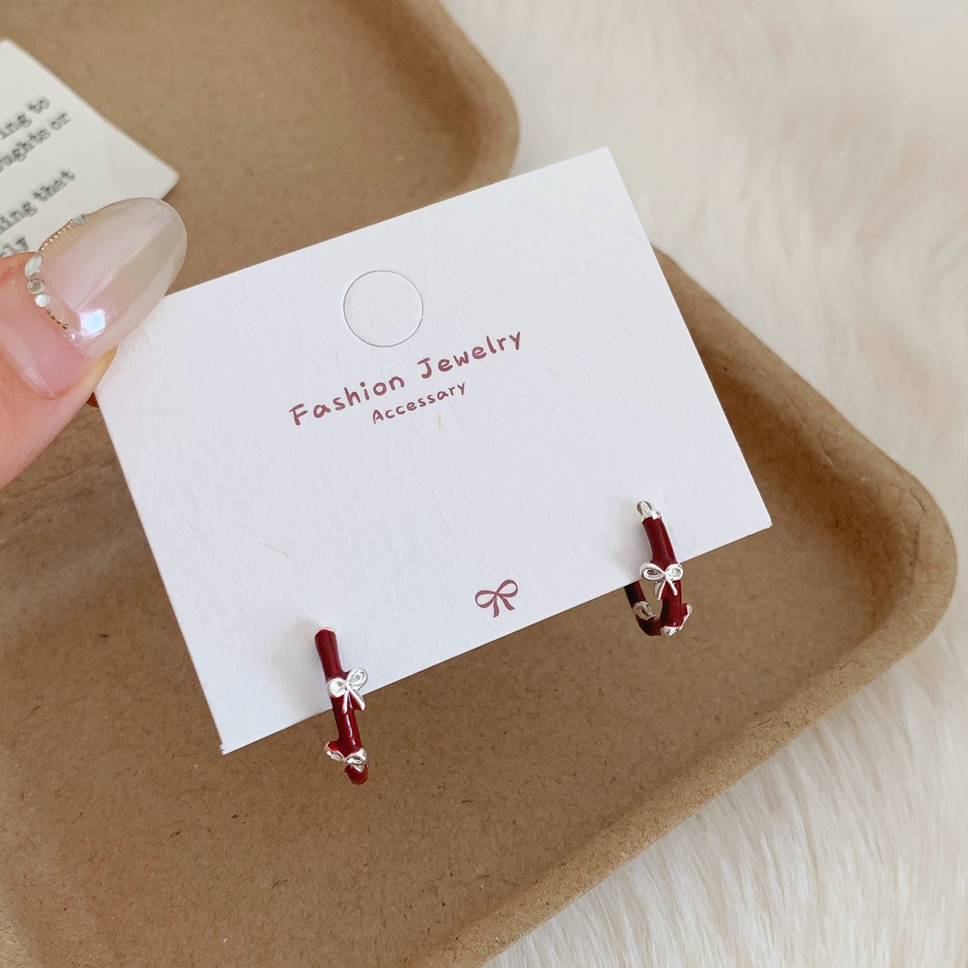 Wholesale retro Ankara red heart bow earrings  silver needle exquisite sweet high-end earrings