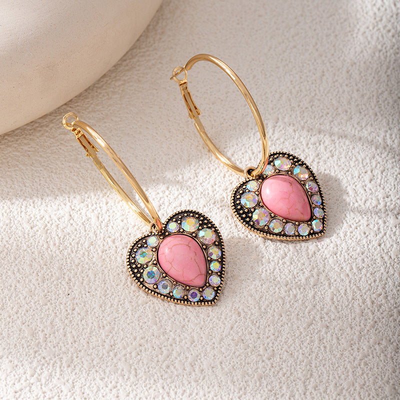 Wholesale Bohemian Heart-Shaped Turquoise Earrings with Diamond-Like Accents - Trendy Everyday Jewelry Accessory