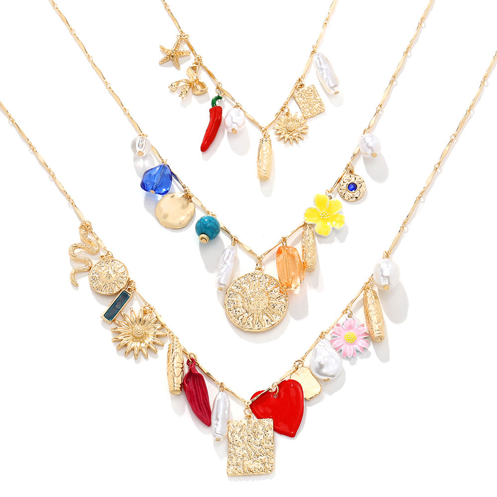 Wholesale Cute Multi-layer Snake Pepper Flower Necklace