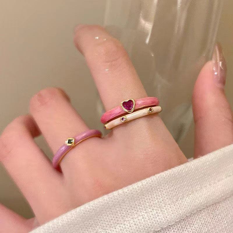 Wholesale Macaron-Colored Dopamine Retro Zircon Enamel Ring French Style Stackable Index Finger Ring for Women