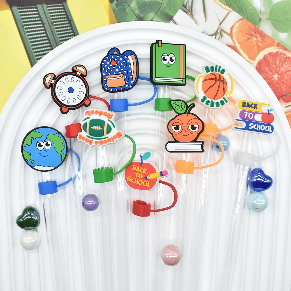 Wholesale Random 100pcs Back To School 10mm PVC Soft Glue Straw Tube Cap ACC-SCR-RYY095