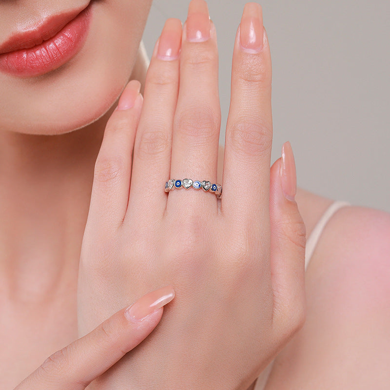 Wholesale S925 Sterling Silver Blue Eyes Ring Heart Shaped Zircon Stacking Index Finger Ring ACC-RS-MoDian008