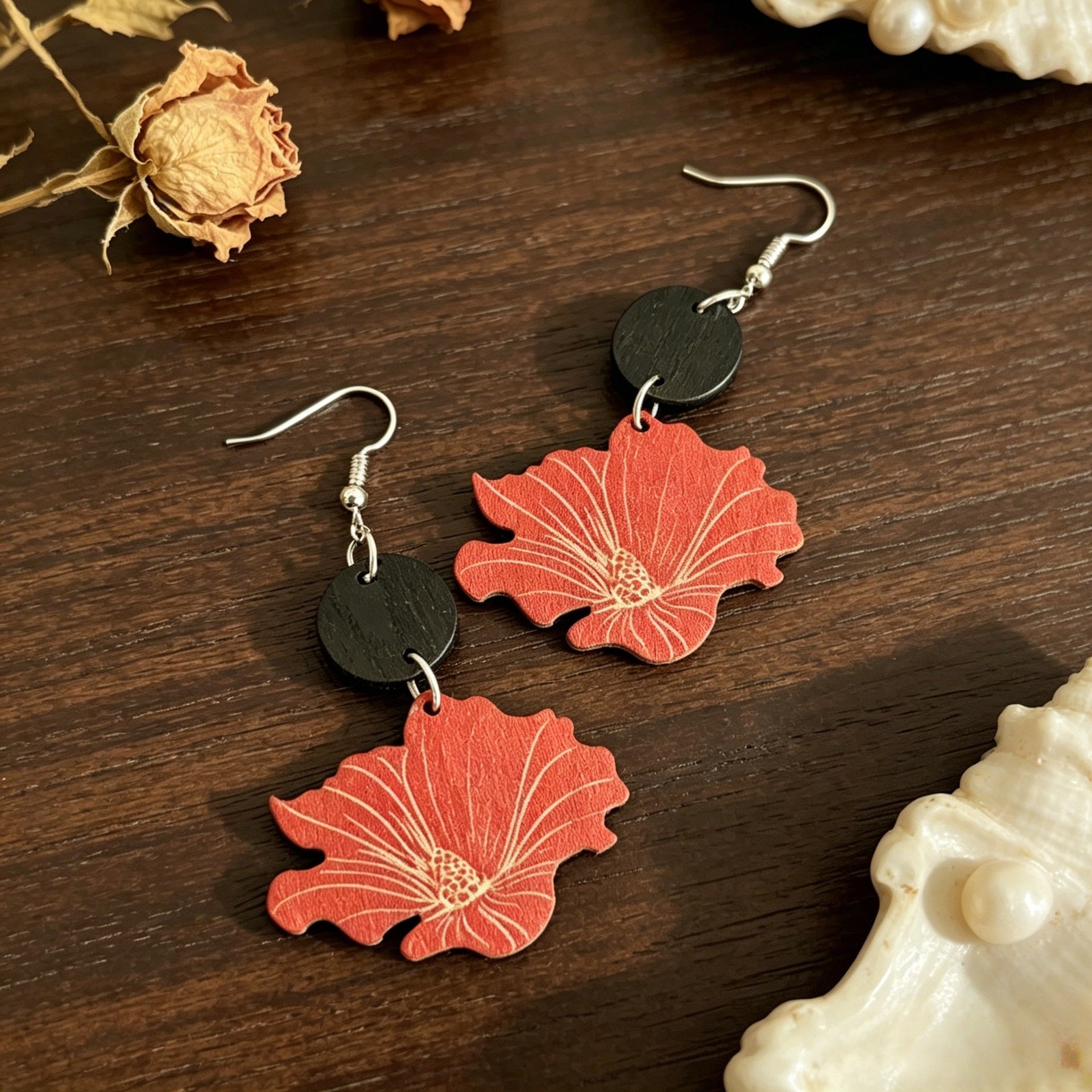 Wholesale Wooden Retro Floral Print Earrings with Hibiscus Pendants - Fashion Accessory for Resale