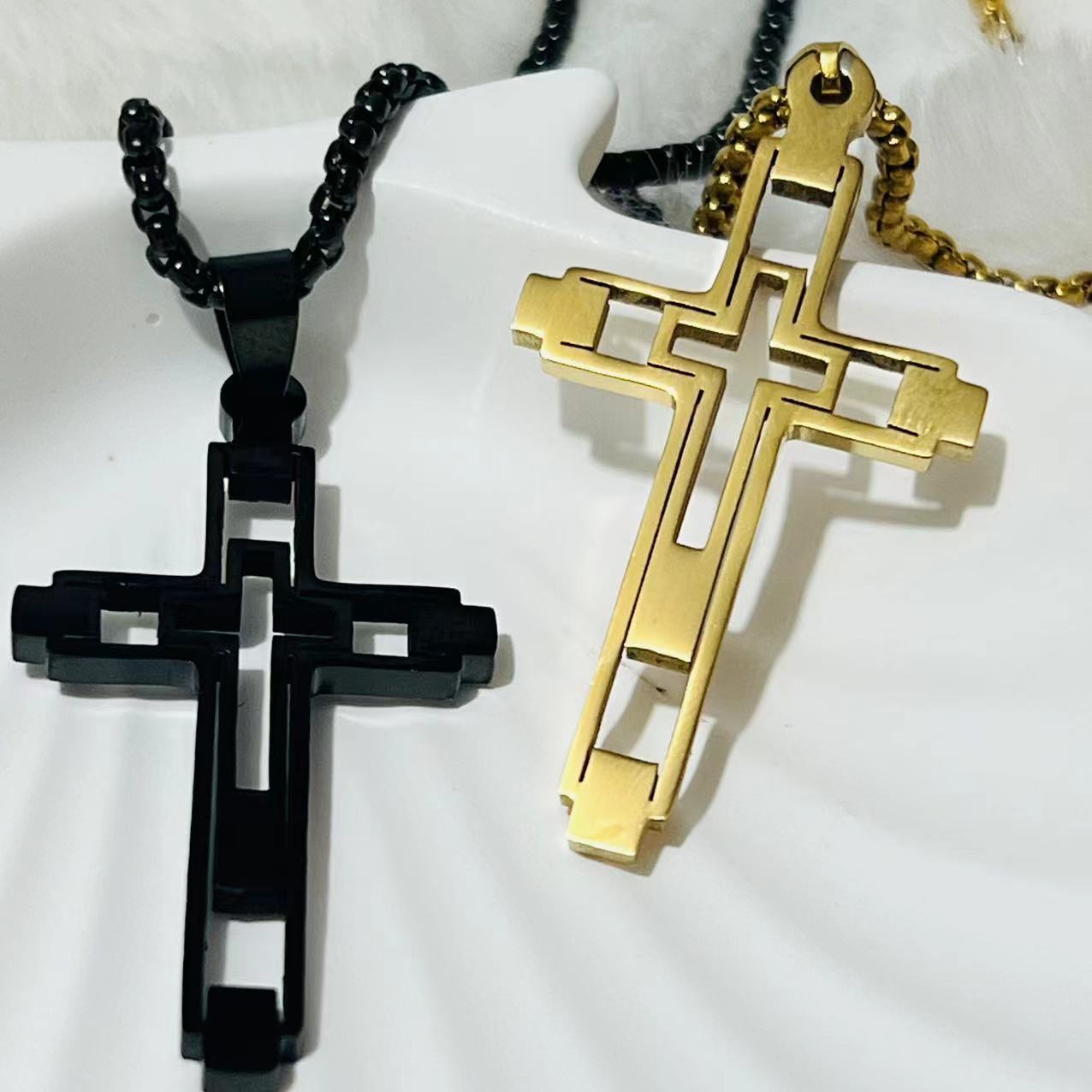Wholesale Titanium Steel Hollow Cross Necklace