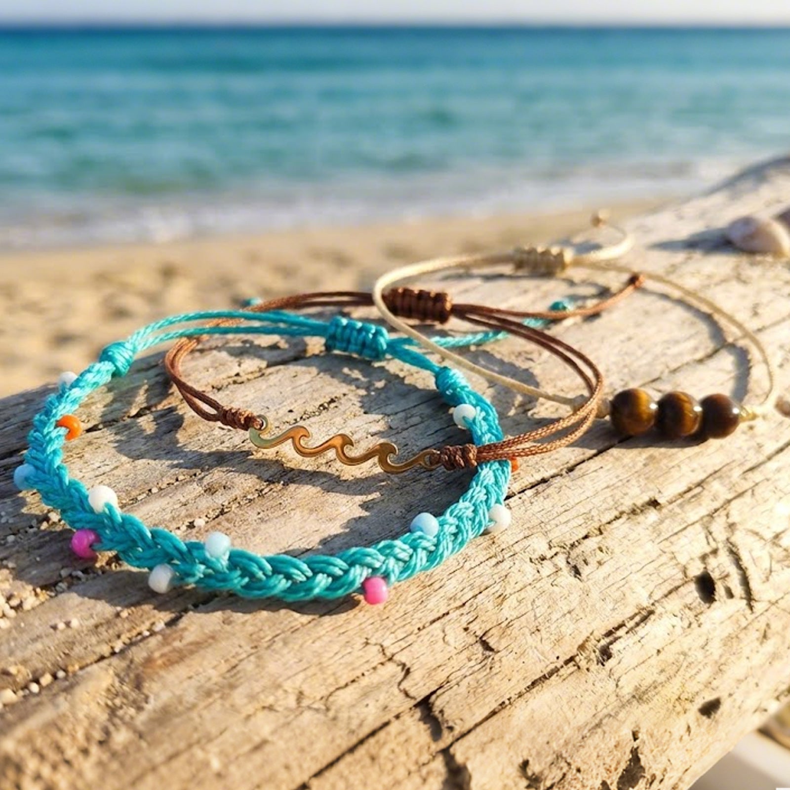 Wholesale Chic Handmade Woven Tiger Eye Stone Layered Bracelet Stainless Steel Wave Charm Blue Summer Beach Jewelry Accessory